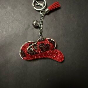 Mint Red and Black Rhinestone Cowgirl Hat Keychain with Tassel Charm